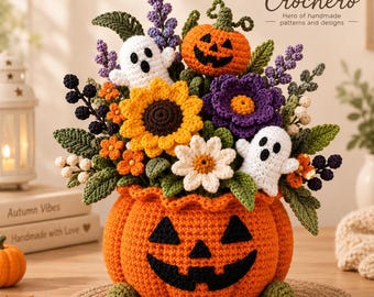 Haakpatroon voor een Halloween pompoenboeket (PDF), Amigurumi spookpompoenmandje, digitaal haakpatroon, doe-het-zelf herfstdecoratie