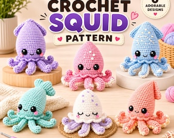 Bundel haakpatronen voor inktvissen, 6 amigurumi inktvis PDF-patronen, schattig pluche inktvispatroon, haakpatroon voor beginners, kawaii zeedier, inktvisspeelgoed