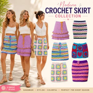 Peut inclure: Une collection de six jupes en crochet présentant divers motifs, notamment des carrés granny, des rayures horizontales et des ourlets à volants dans des couleurs vives comme le violet, le rose, le bleu et le jaune. Le texte Modern Crochet Skirt Collection est affiché.