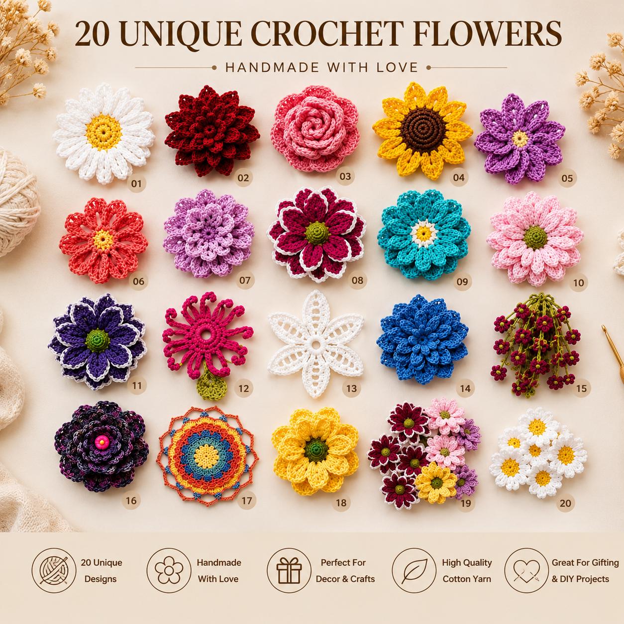 20 Crochet Flower Patterns Bundle