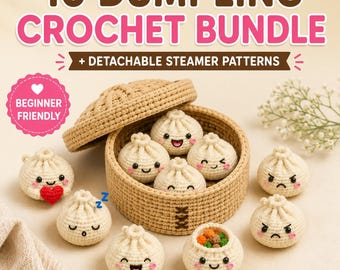 10 haakpatronen voor dumplings + bamboe stoommandje – schattige, zachte amigurumi PDF (Crochero Collection)