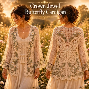 May include: A beige crochet cardigan featuring a large butterfly motif on the back and daisy floral embroidery along the front edges. The garment has long sleeves, a scalloped hem, and a tie closure. Text reads: Crown Jewel Butterfly Cardigan.