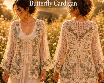 Haakpatroon voor een vest met vlindermotief (Crown Jewel Butterfly Cardigan) (PDF), Boho kanten vestpatroon, gehaakte trui met bloemenprint, lichtgewicht zomervestje