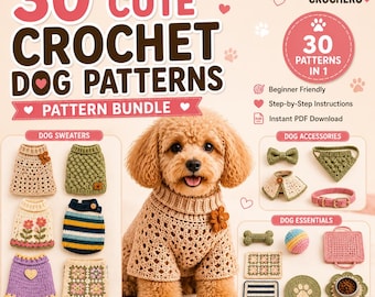 Bundel met haakpatronen voor hondentruien | 30 PDF-patronen | Hondentruien, accessoires en benodigdheden | Gehaakte hondenkleding | Direct te downloaden