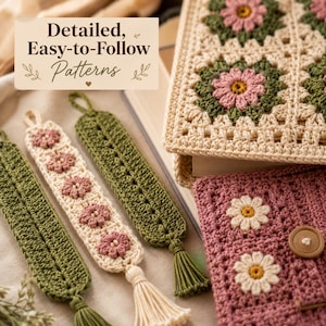 May include: Crocheted bookmarks and book covers featuring floral motifs in cream, olive green, and dusty rose yarn. The bookmarks have tassels and flower accents. A text box displays the words Detailed, Easy-to-Follow Patterns.