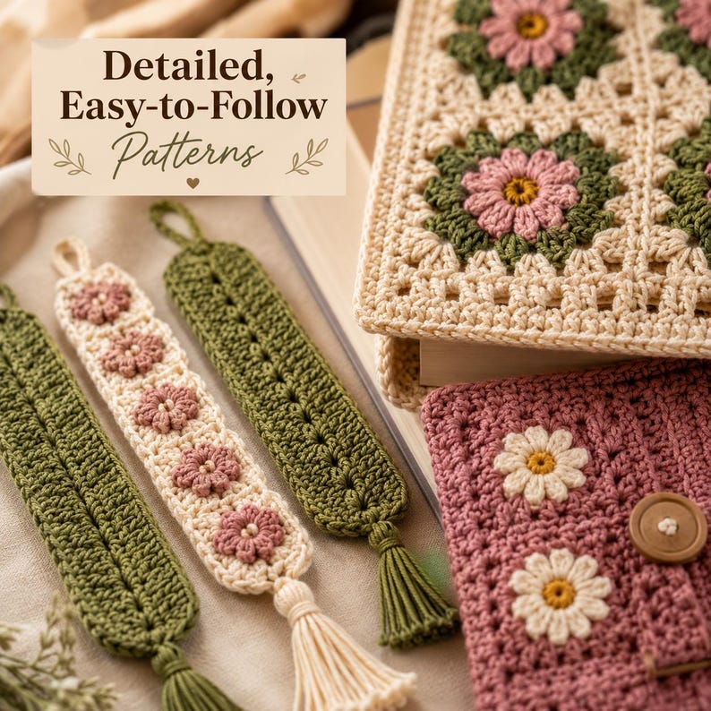 May include: Crocheted bookmarks and book covers featuring floral motifs in cream, olive green, and dusty rose yarn. The bookmarks have tassels and flower accents. A text box displays the words Detailed, Easy-to-Follow Patterns.