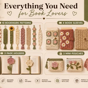 May include: A digital bundle of 20 crochet patterns for book lovers, featuring 10 bookmarks, 4 book sleeves, 3 page holders, and 3 mini pouches. The image displays various floral and textured designs in shades of green, pink, and beige with text.