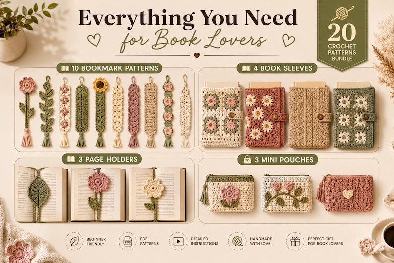 May include: A digital bundle of 20 crochet patterns for book lovers, featuring 10 bookmarks, 4 book sleeves, 3 page holders, and 3 mini pouches. The image displays various floral and textured designs in shades of green, pink, and beige with text.