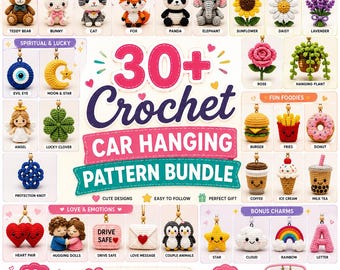 Bundel met meer dan 30 haakpatronen voor autohangers | Amigurumi autohanger PDF | Leuke haakpatronen voor dieren, bloemen en eten | Beginnersvriendelijk doe-het-zelf cadeau