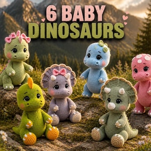 Peut inclure: Six jouets dinosaures pour bébé crochetés dans des couleurs variées dont vert, bleu, rose et violet. Chaque figurine présente de grands yeux noirs, des détails cousus, et certaines incluent des petits nœuds ou des taches. Texte 6 BABY DINOSAURS.