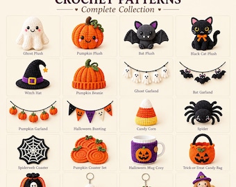 Pacchetto di modelli all'uncinetto per Halloween, 20 modelli amigurumi in PDF, modelli all'uncinetto di zucca, fantasma, pipistrello, gatto e strega, download immediato