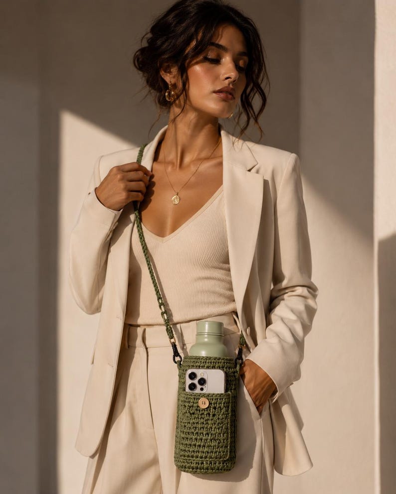 Op de afbeelding: Een olijfgroene gehaakte crossbody flessenhouder met een voorvak voor een smartphone, een bijpassende gevlochten riem en een houten knoopsluiting. De houder bevat een lichtgroene metalen waterfles met een bijpassende dop.