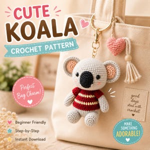 May include: A crochet koala keychain with a gray body, black nose, and a red and white striped sweater. The koala is attached to a gold-toned metal ring with a small pink crocheted heart charm. Text on the image reads CUTE KOALA CROCHET PATTERN.