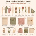 20 Crochet Bookmark Patterns PDF Bundle, Book Lover Gift Crochet Pattern Set, Bookmarks Book Sleeve Pouch Thumb Holder, Digital Download