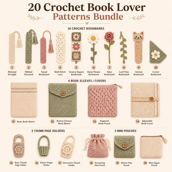 20 Crochet Bookmark Patterns PDF Bundle, Book Lover Gift Crochet Pattern Set, Bookmarks Book Sleeve Pouch Thumb Holder, Digital Download