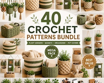 Bundel met haakpatronen voor woondecoratie: 40 ontwerpen (PDF), mandje, plantenbak, organizer, hangende plantenbak, digitale download