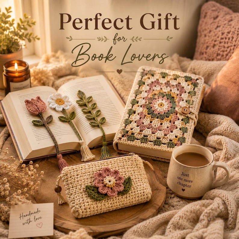 May include: A crochet book cover with a granny square pattern in muted tones, a small beige crochet pouch with a pink flower appliqu&eacute;, and three floral crochet bookmarks shaped like a tulip, a daisy, and a leafy vine, alongside a mug with text.