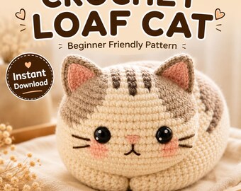 Haakpatroon voor een kat in de vorm van een brood (PDF), schattige amigurumi kat tutorial, beginnersvriendelijk haakpatroon, kawaii pluche kat, direct te downloaden