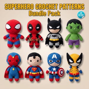 Ensemble de modèles de super-héros au crochet (8 en 1) | Modèles PDF d'amigurumi | Poupées araignée, chauve-souris et héros | Jouets au crochet faciles pour débutants | Idées cadeaux