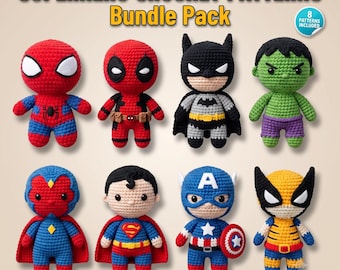 Haakpatronenbundel met superhelden (8-in-1) | Amigurumi PDF-patronen | Spin, vleermuis, heldenpoppen | Beginnersvriendelijke haakspeeltjes | Cadeau-ideeën