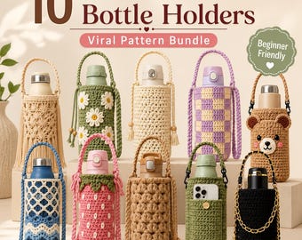 Bundel met 10 haakpatronen voor waterfleshouders | Haakpatroon voor een crossbodytas voor een fles | Boho drinkhouder (PDF) | Haakcadeau-ideeën