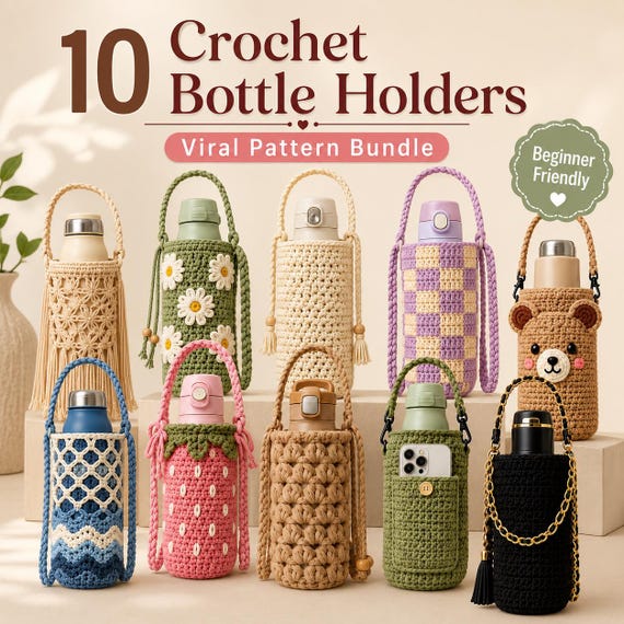 10 Crochet Water Bottle Holder Patterns Bundle | Crossbody Bottle Bag Crochet Pattern | Boho Drink Carrier PDF | Crochet Gift Ideas