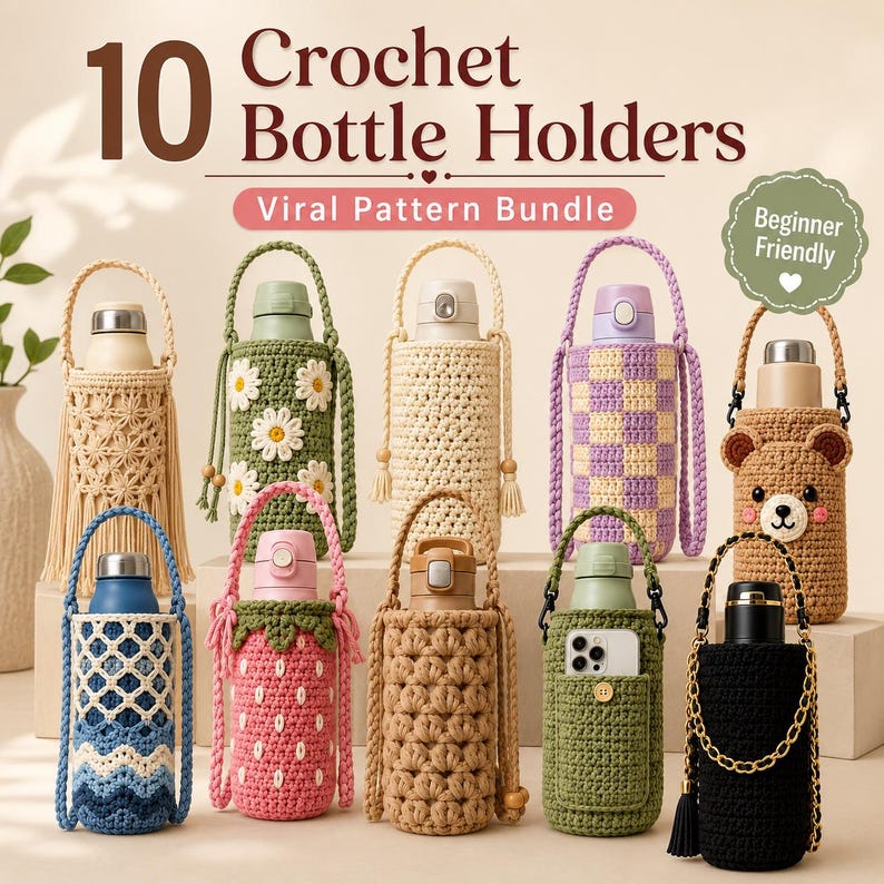 Op de afbeelding: Een collectie van 10 gehaakte flessenhouders met diverse ontwerpen, waaronder bloemen, ruitjes, aardbeien en berenmotieven. De tekst 10 Crochet Bottle Holders Viral Pattern Bundle en Beginner Friendly staat boven de items.