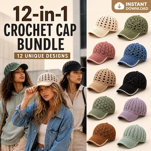 12 Crochet Cap Patterns Bundle | Lace Baseball Hat | Summer Crochet PDF Download