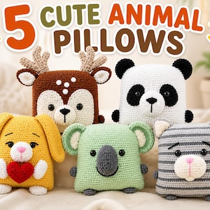 5 Animal Crochet Pillow Patterns | Amigurumi Cushion PDF (Digital Download)