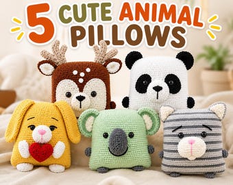 5 Animal Crochet Pillow Patterns | Amigurumi Cushion PDF (Digital Download)