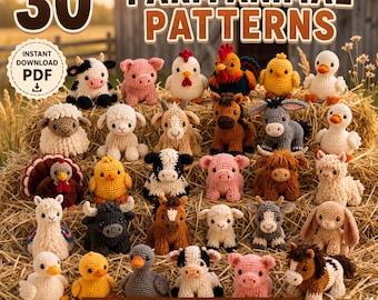Bundel met meer dan 25 haakpatronen voor boerderijdieren | Amigurumi PDF-download | Beginnersvriendelijke pluche dieren | Haakpatronen voor koe, varken, kip en schaap