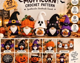 Halloween haakpatronenbundel, 20 amigurumi patronen, kabouter, heks, spook, pompoen, kat, vleermuis PDF, haakpatroon voor beginners, herfstdecoratie DIY