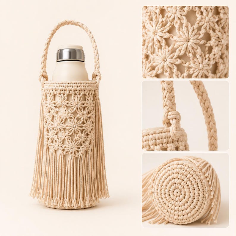 Op de afbeelding: Een beige macram&eacute; flessenhouder met een gevlochten handvat, een cilindervormig lichaam met een herhalend stervormig knooppatroon en lange franjes aan de onderkant. De houder bevat een gladde, lichtgekleurde fles met een zilveren dop.