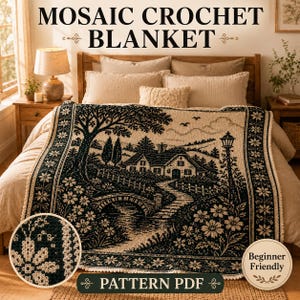 Vintage Cottage Tree Mosaic Crochet Blanket Pattern | Tapestry Crochet Blanket Chart | Cottagecore Wall Hanging | Overlay Crochet