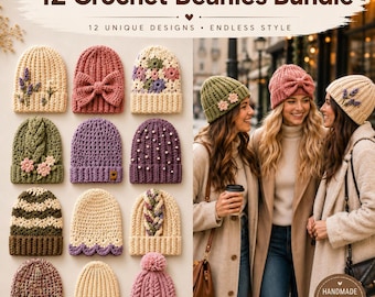 Bundel met 12 haakpatronen voor mutsen | Moderne wintermutsen (PDF) | Mutsen voor beginners en gevorderden | Dikke mutsen, mutsen met bloemenprint en mutsen met strik | DIY-cadeau-ideeën