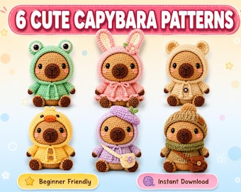 Bundel met 6 schattige haakpatronen voor capibara's | Amigurumi dierenhoodie patronen | Beginnersvriendelijke PDF | Kawaii haakspeelgoed DIY cadeau