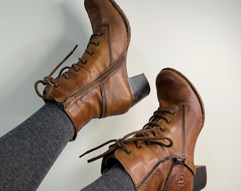 Vintage Bugatti Skórzane Botki Do Kostki, Brązowy Gruby Obcas, EU 39