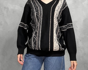 Vintage Gabicci patterned sweater wool blend oversized black knit Made in Italy