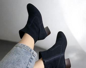 Dark Academia Indigo Suede Ankle Boots – Minimalist Block Heel Chelsea Style