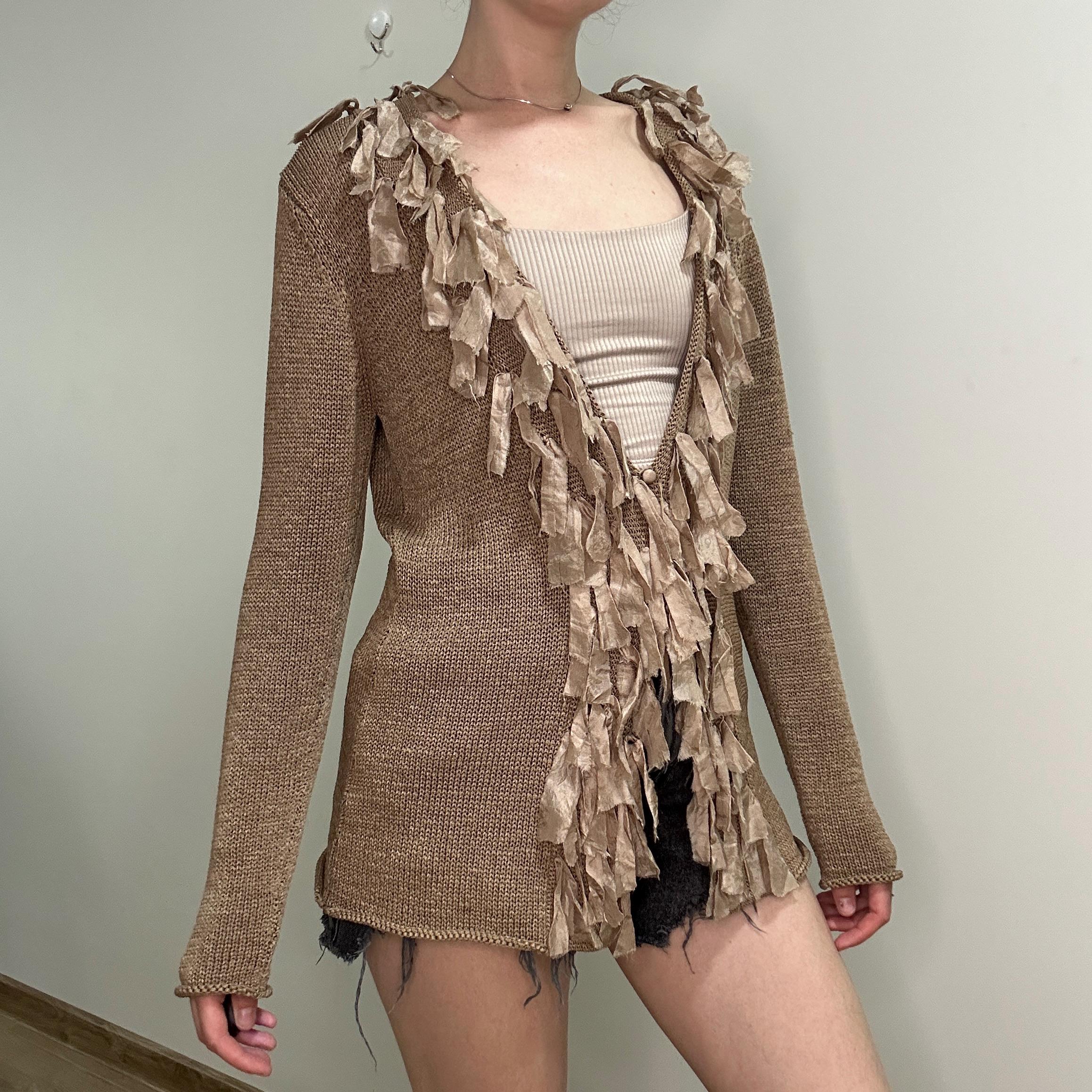 Boho knit cardigan with silk ruffle trim beige fairy grunge sweater S/M