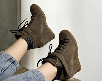 Brown Suede Wedge Boots Dark Academia Fairy Grunge Lace Up Ankle Boots Vintage
