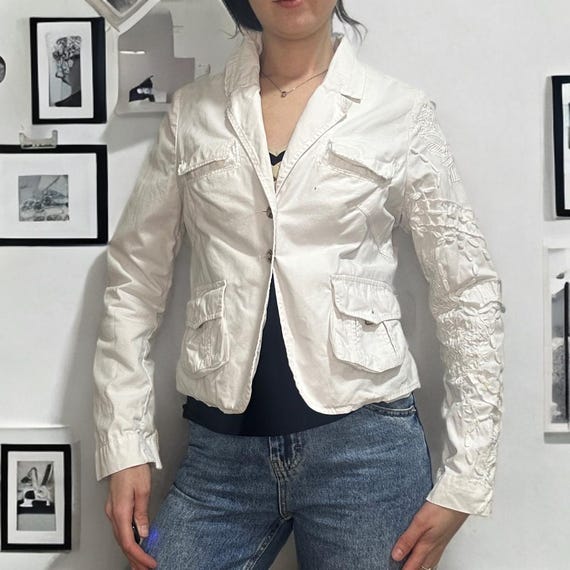 DKNY, DKNY White Cotton Blazer: Embroidered Cottagecore Jacket, Size S