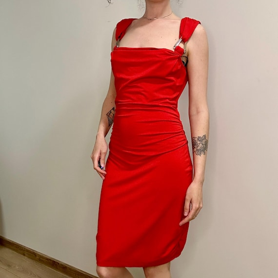 red bodycon ruched dress Morgan De Toi Midi Dress: Y2K Glam Metallic Straps wine red velvet dress