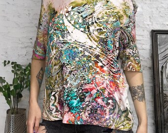 Basler Abstrakte Print Bluse L Viskose Kurzarm Bunt Casual Top