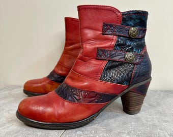 Laura Vita Skórzane Botki do Kostki Czerwono-Niebieskie Patchworkowe Botki Na Obcasie Rozmiar EU 40