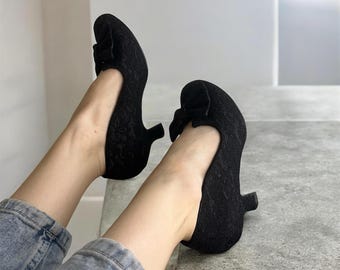 unregelmäßige Wahl schwarze Schleife Heels Glitzer Vintage Style Pumps Größe 38