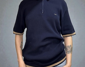 Vintage Van Heusen Polo de punto de algodón marino L manga corta cuello con cremallera Top