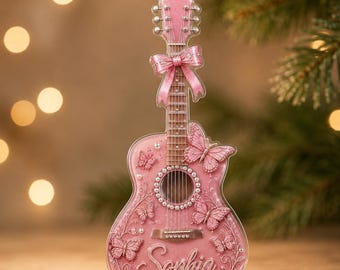 Personalized Pink Guitar Acrylic Ornament, Custom Name Christmas Ornament, Butterfly Music, Guitar Player Keepsake 2D Flat, Music Lover Gift