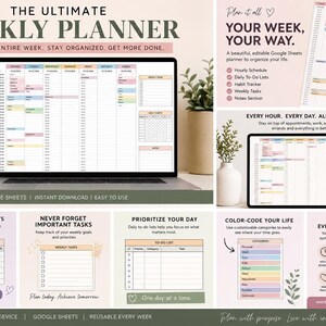 May include: A digital weekly planner template for Google Sheets displayed on a laptop and tablet screen. The layout features an hourly schedule, daily to-do lists, habit trackers, and a notes section with color-coded categories for organization.