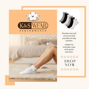 May include: An advertisement for K&S Wear performance socks. The image shows a person wearing white socks, with a bed and a book in the background. The ad also displays a set of five socks in black, grey, and white. Text on the ad reads "SHOP NOW."
